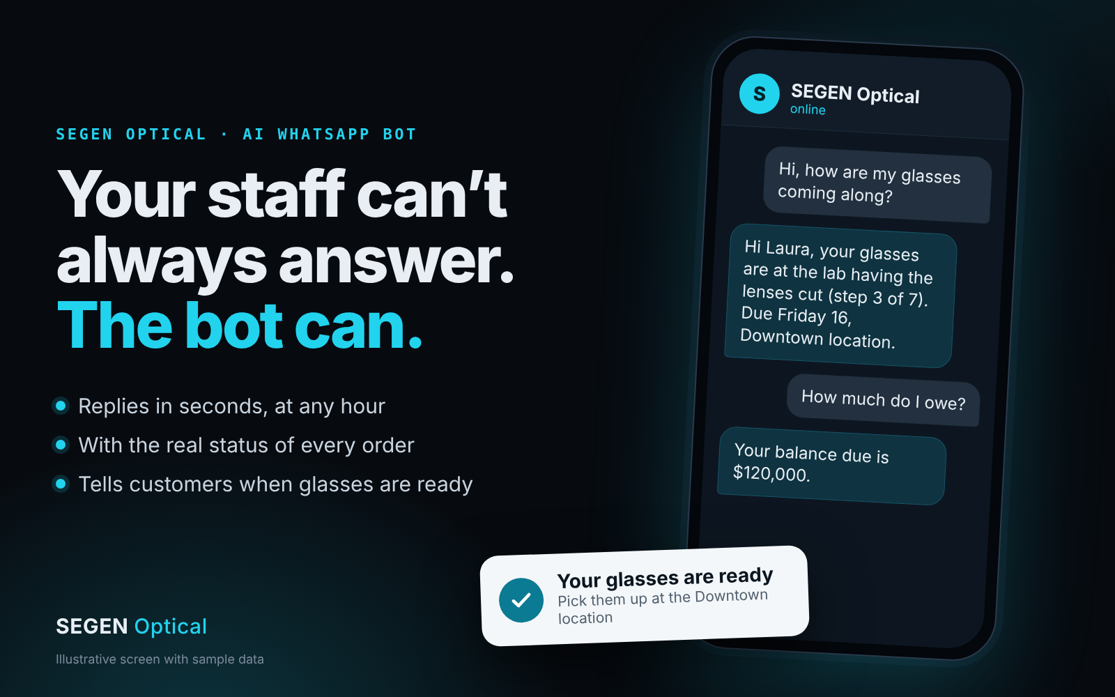 Phone showing the SEGEN Optical WhatsApp bot answering which step a pair of glasses is on and how much balance is due